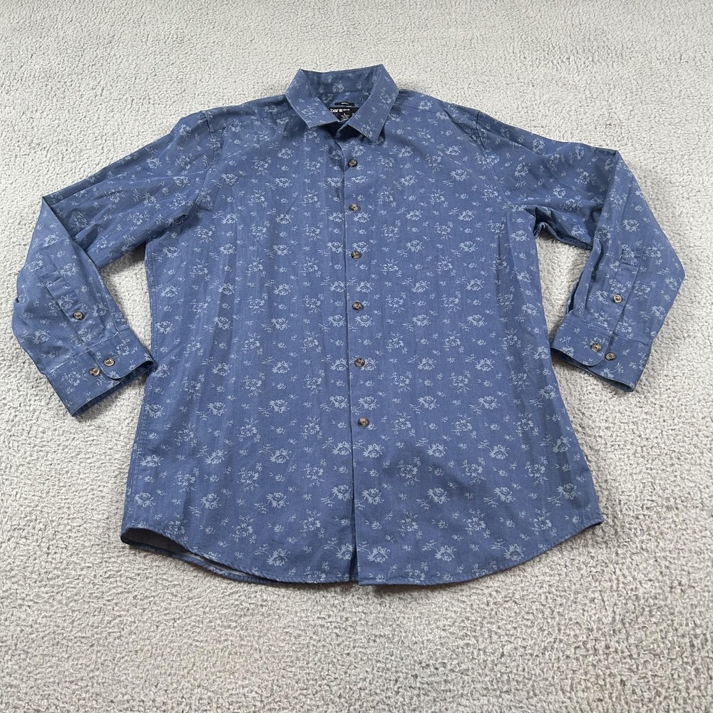 Bar III Shirt Mens Large Blue Chambray Floral Print Slim Fit Button Up Casual